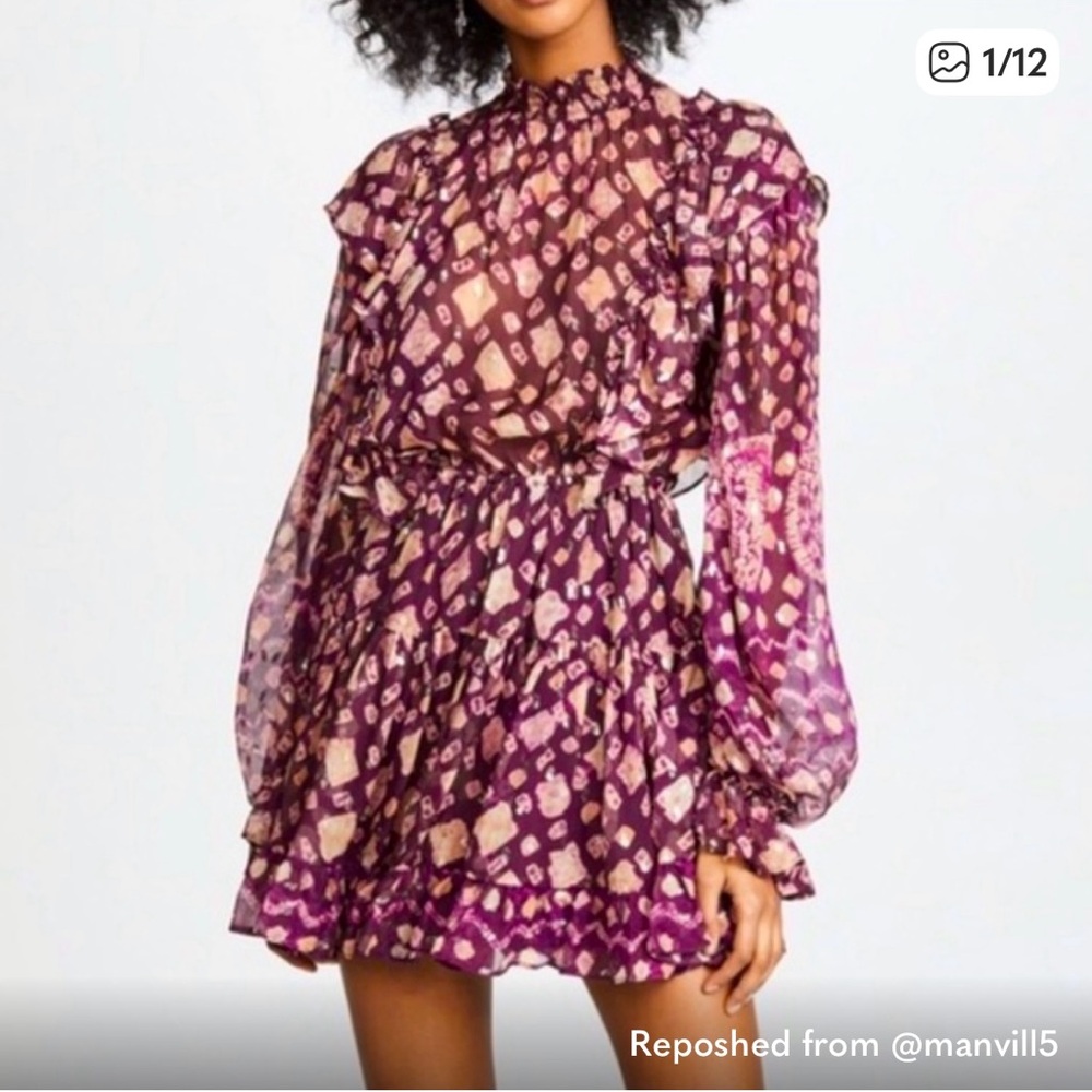Ulla Johnson Vienne purple silk dress with metallic gold flecks.